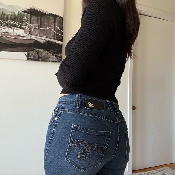 Y2K embroidered mid rise ankle cropped dark wash jeans - Picture 1 of 5